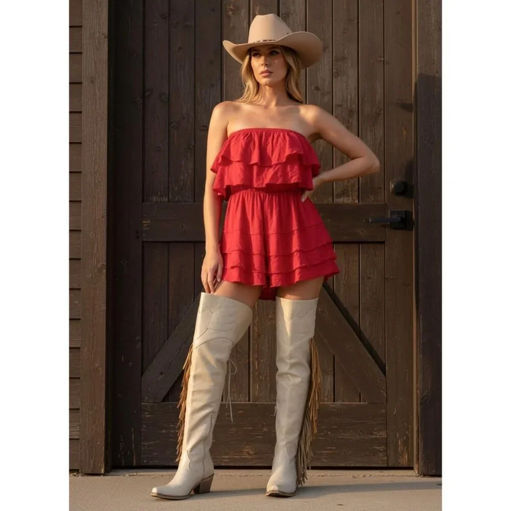 Women Beige Polyurethane Pointed Toe Fringe Adjustable Thigh High Cowgirl Boot